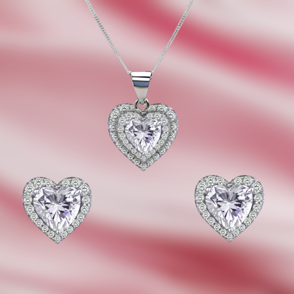 Pure 925 Silver Heart Shape Pendant and Earrings Set